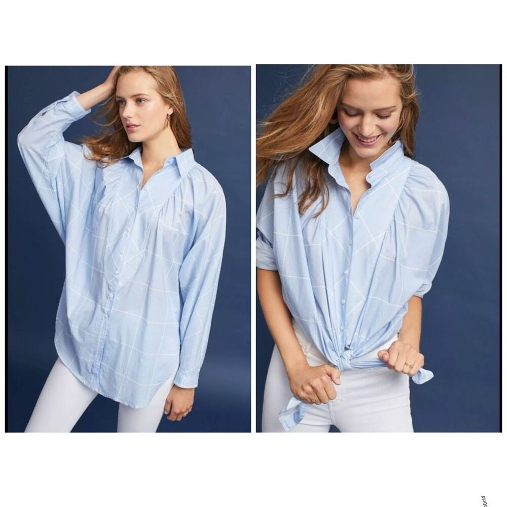 Maeve Anthropologie Blue Striped Windowpane Button Down Blouse Medium Women